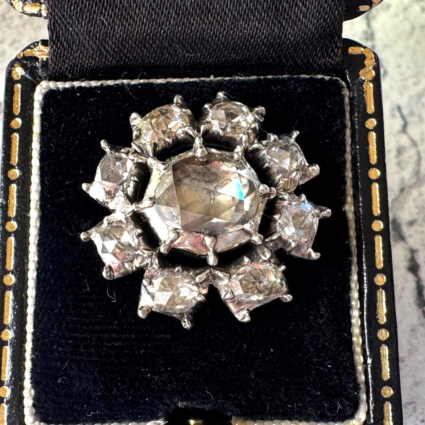 Georgian Rose Cut Diamond Daisy Halo Brooch, 18ct Gold, Foiled Diamonds