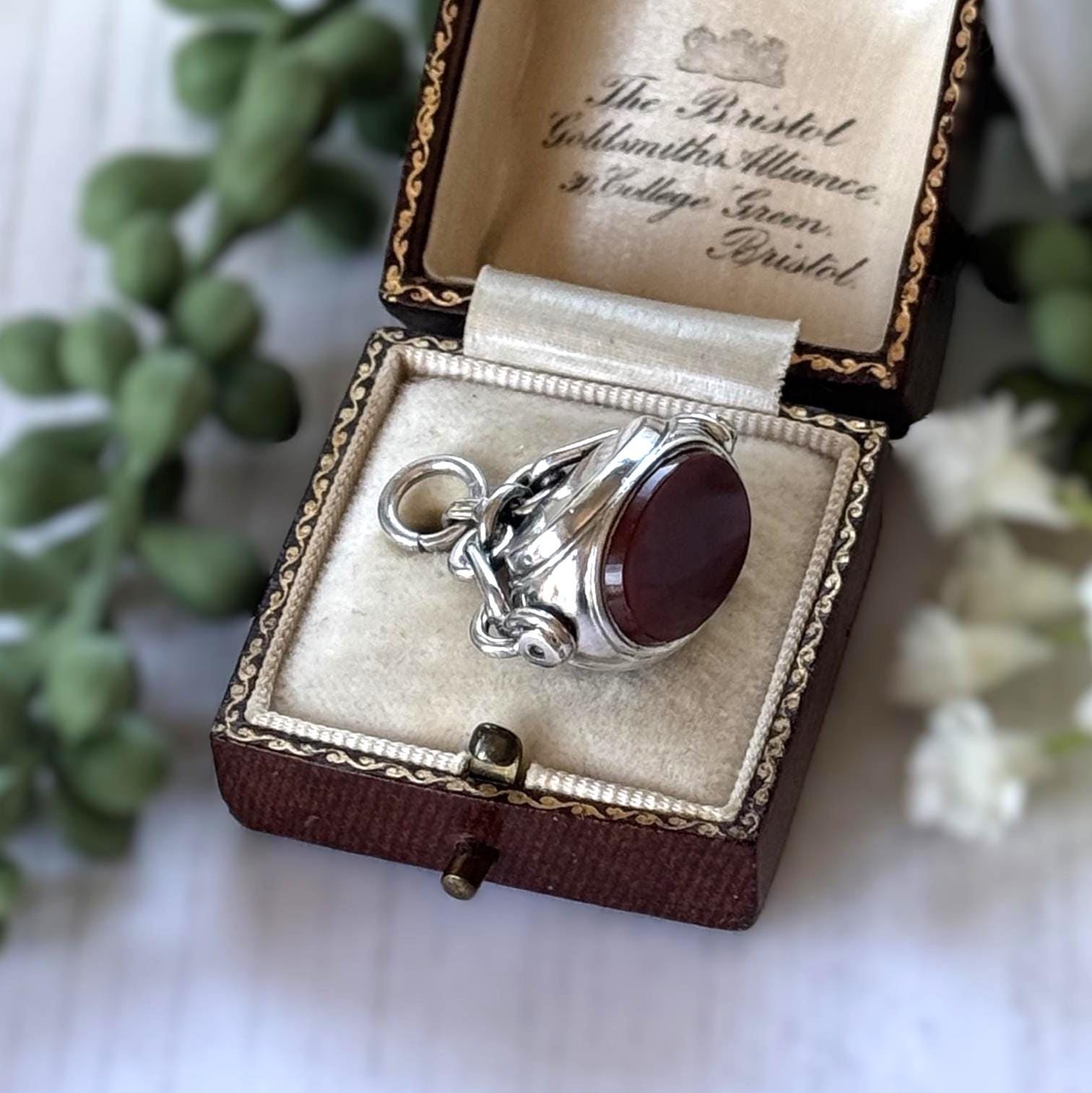 Antique Victorian Sterling Silver Triple Seal Spinning Fob Pendant, Carnelian & Bloodstone, Birmingham 1901