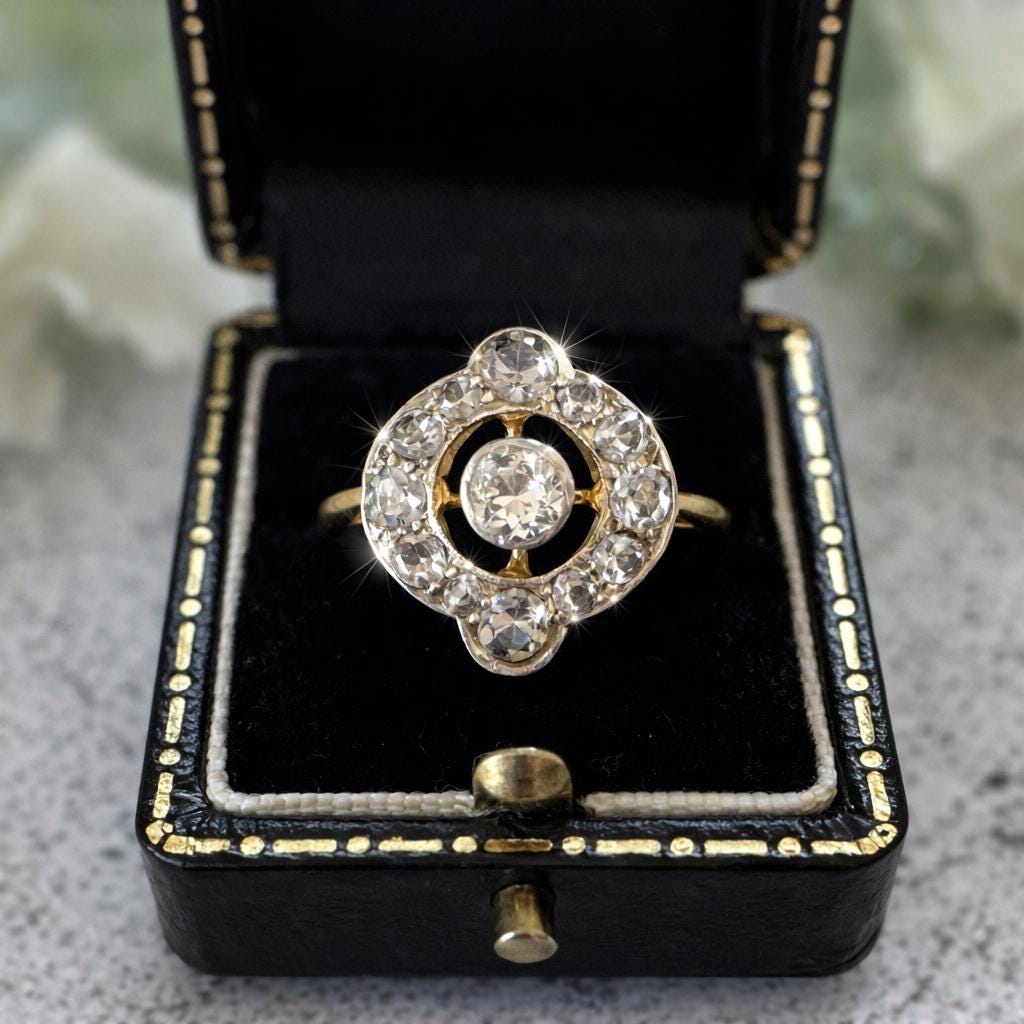 Victorian Diamond Target Ring: 1.14ct Old Mine Cut & Rose Cut Cluster. Platinum Topped 18ct Gold Antique Halo Ring