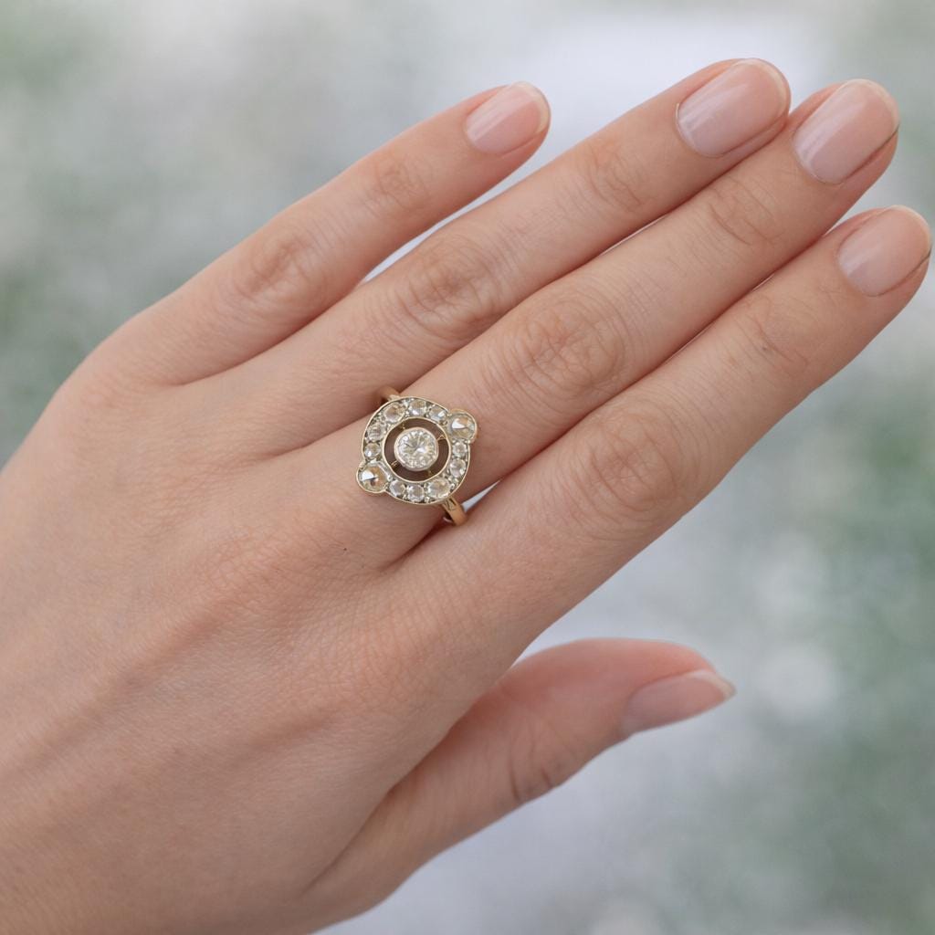 Victorian Diamond Target Ring: 1.14ct Old Mine Cut & Rose Cut Cluster. Platinum Topped 18ct Gold Antique Halo Ring