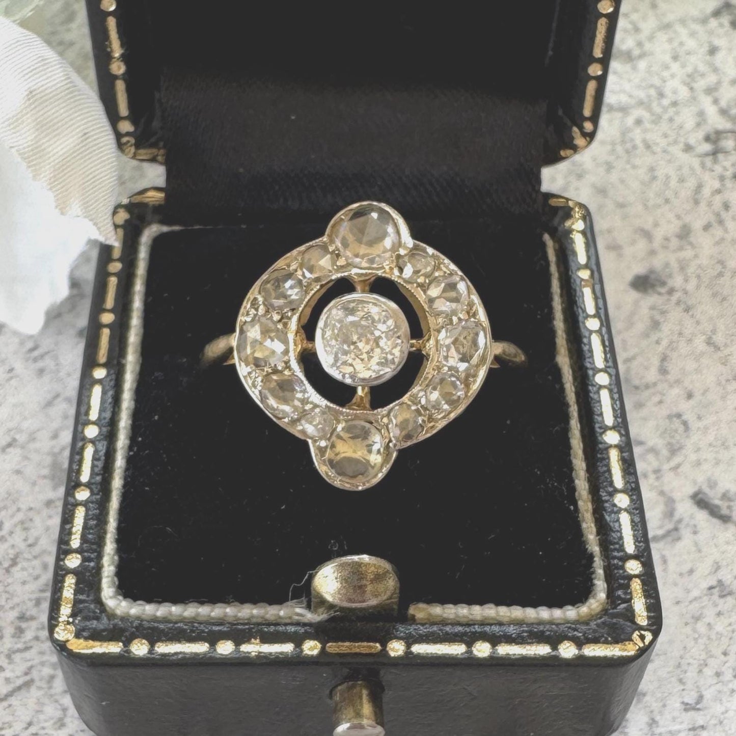 Victorian Diamond Target Ring: 1.14ct Old Mine Cut & Rose Cut Cluster. Platinum Topped 18ct Gold Antique Halo Ring
