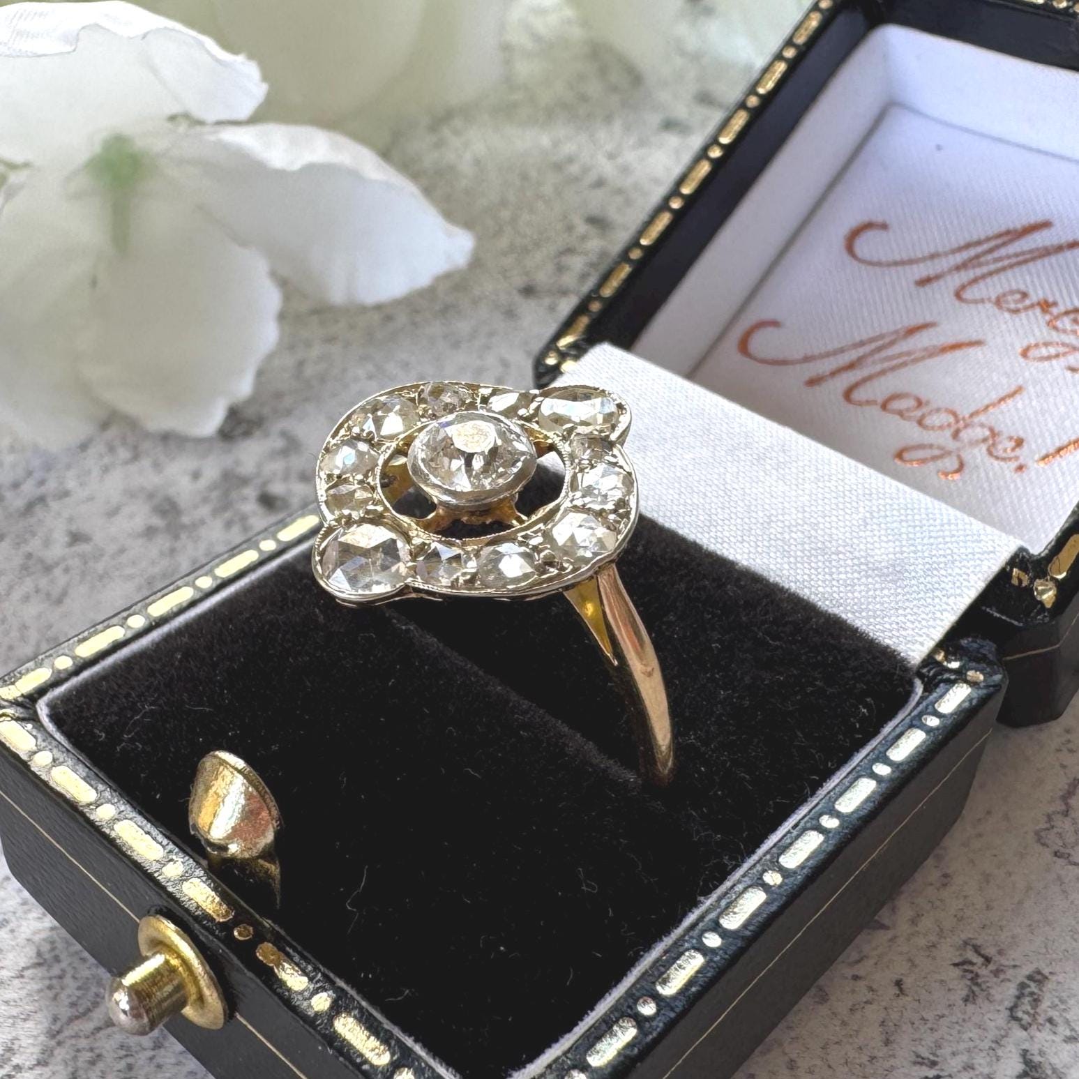 Victorian Diamond Target Ring: 1.14ct Old Mine Cut & Rose Cut Cluster. Platinum Topped 18ct Gold Antique Halo Ring