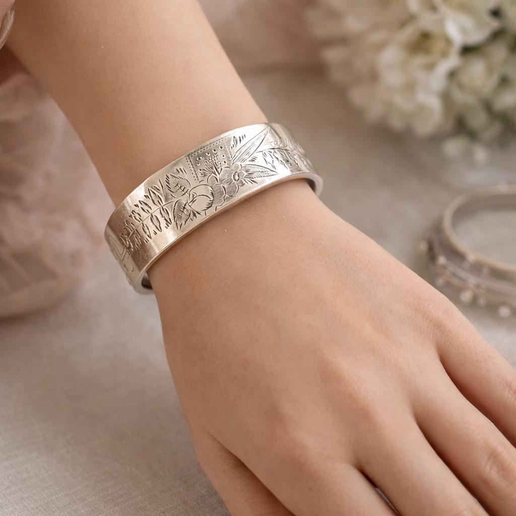 Victorian Sterling Silver Engraved Rose & Forget-Me-Not Bangle