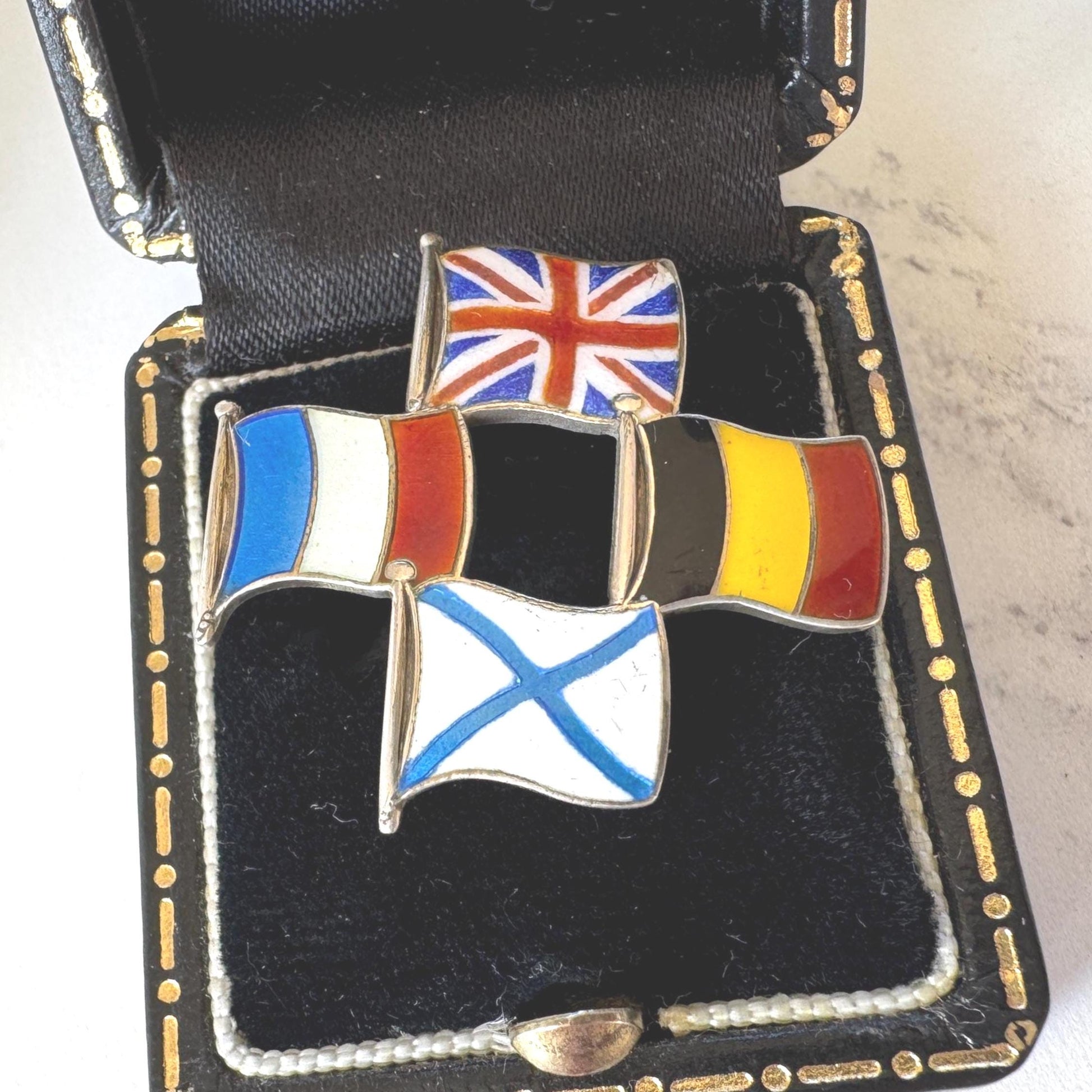 Rare WW1 Allies Sweetheart Brooch Russia Included 1914-1917: Sterling Silver Enamel Antique Military Pin