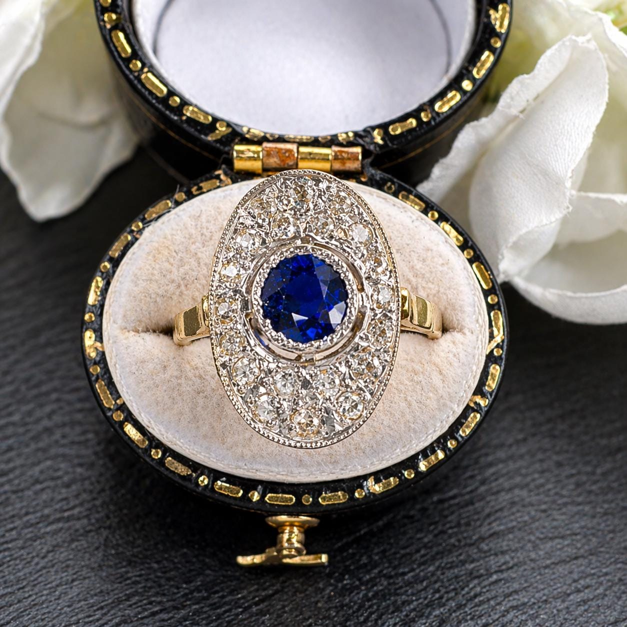 Antique Art Deco Sapphire and Diamond Cluster Ring, Platinum Topped 18ct Gold, c.1920