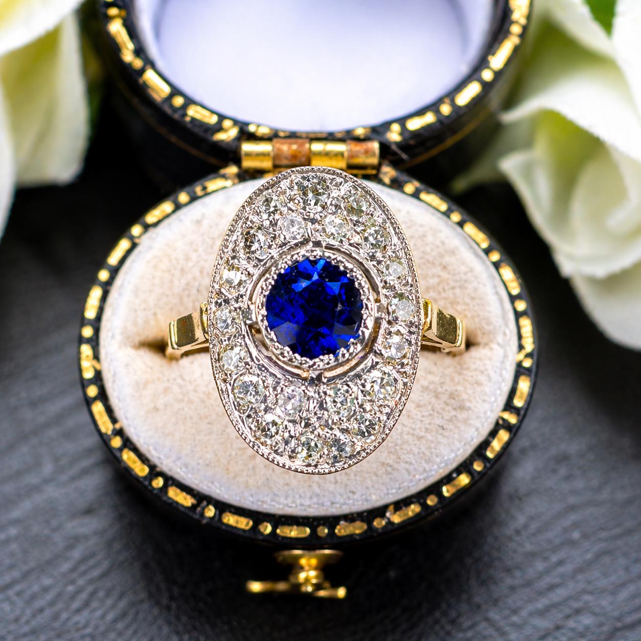 Antique Art Deco Sapphire and Diamond Cluster Ring, Platinum Topped 18ct Gold, c.1920