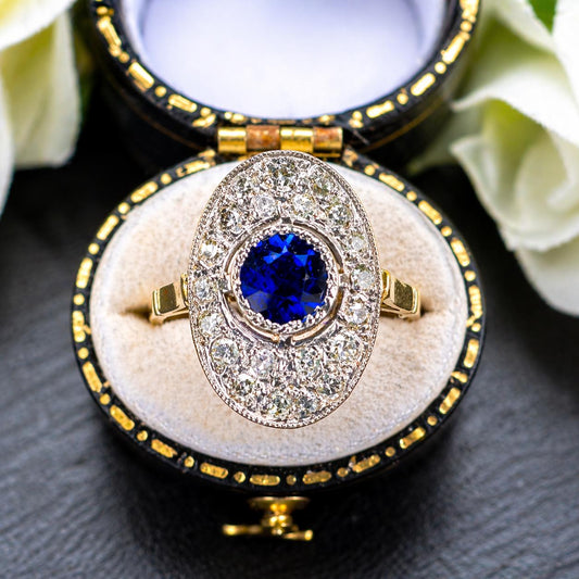 Antique Art Deco Sapphire and Diamond Cluster Ring, Platinum Topped 18ct Gold, c.1920
