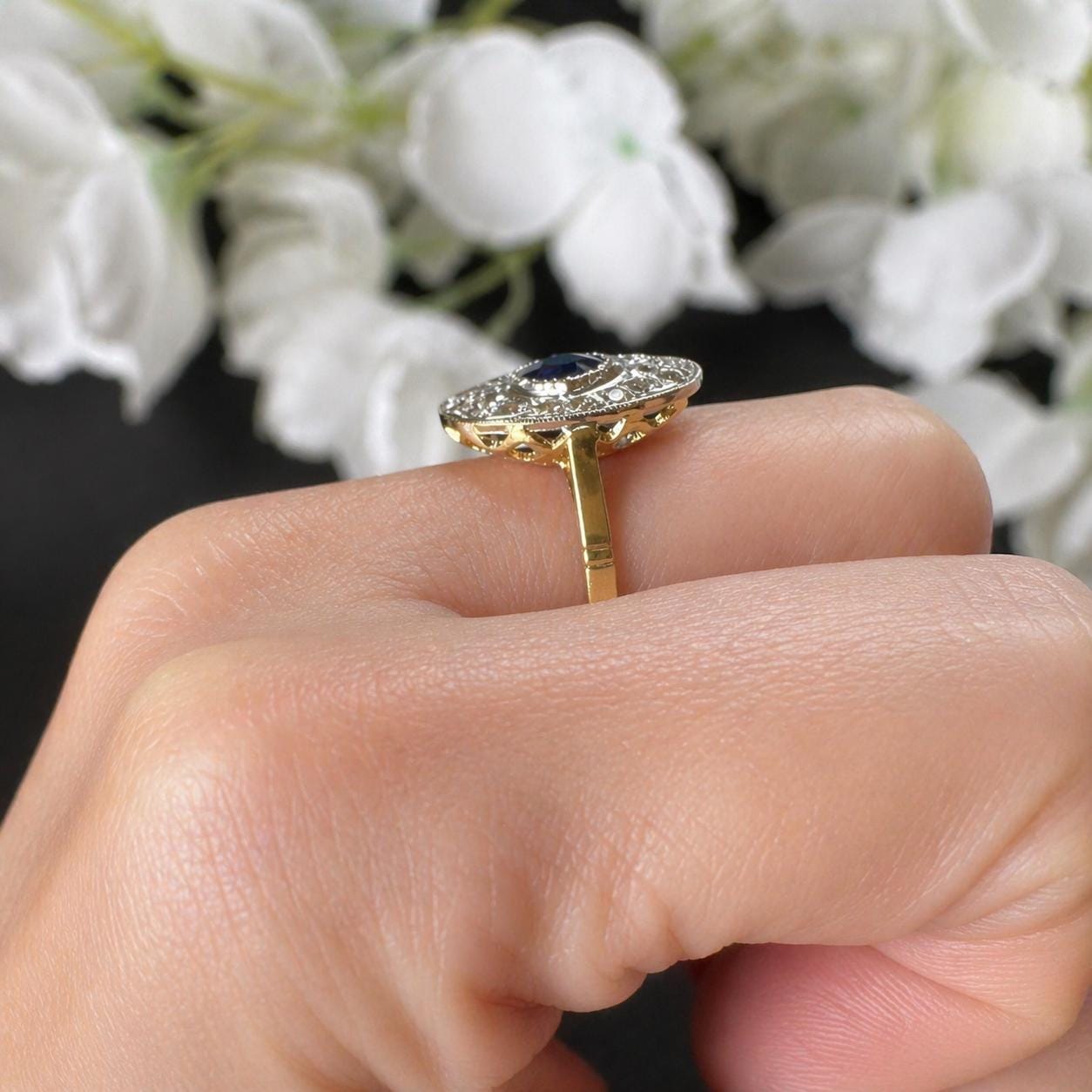 Antique Art Deco Sapphire and Diamond Cluster Ring, Platinum Topped 18ct Gold, c.1920