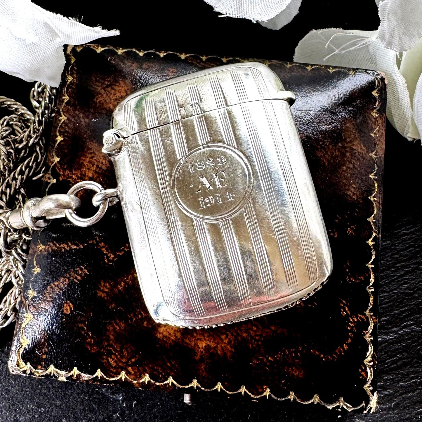 Antique Sterling Silver Vesta Case Pendant, 1912 Birmingham Haseler, Engraved 1889–1914 Memorial Match Safe Necklace