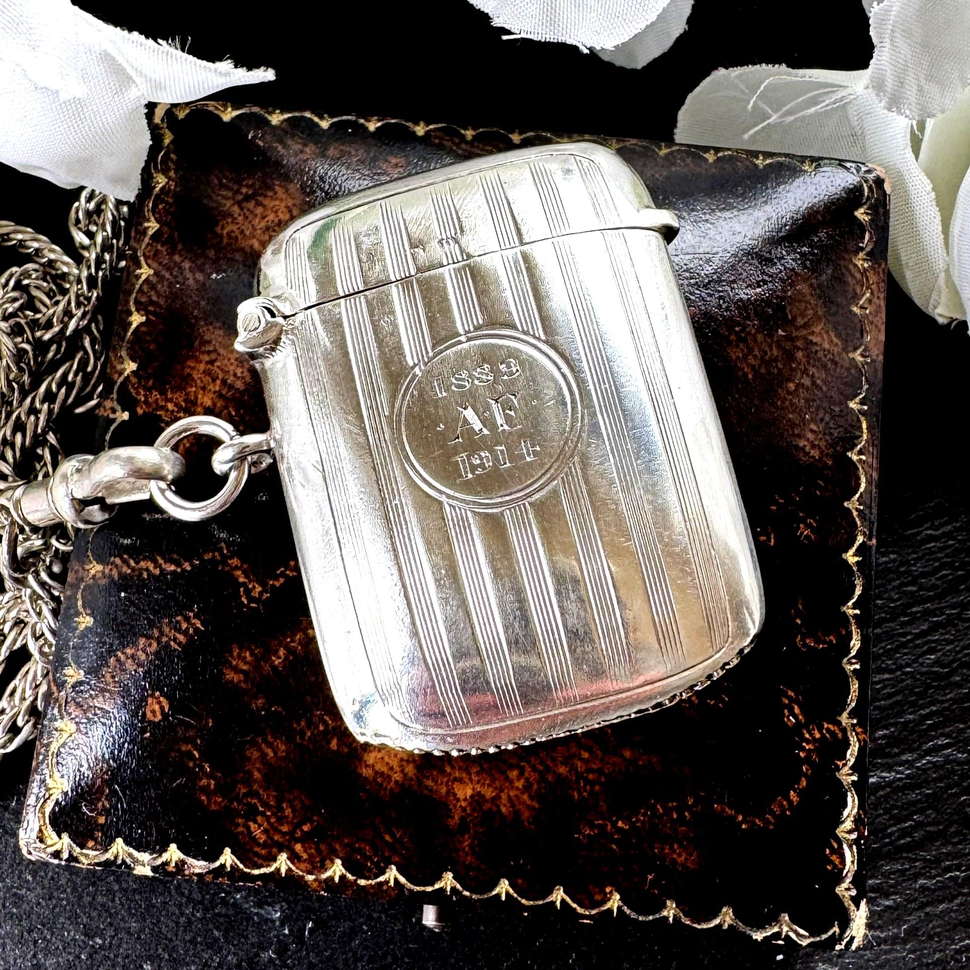 Antique Sterling Silver Vesta Case Pendant, 1912 Birmingham Haseler, Engraved 1889–1914 Memorial Match Safe Necklace