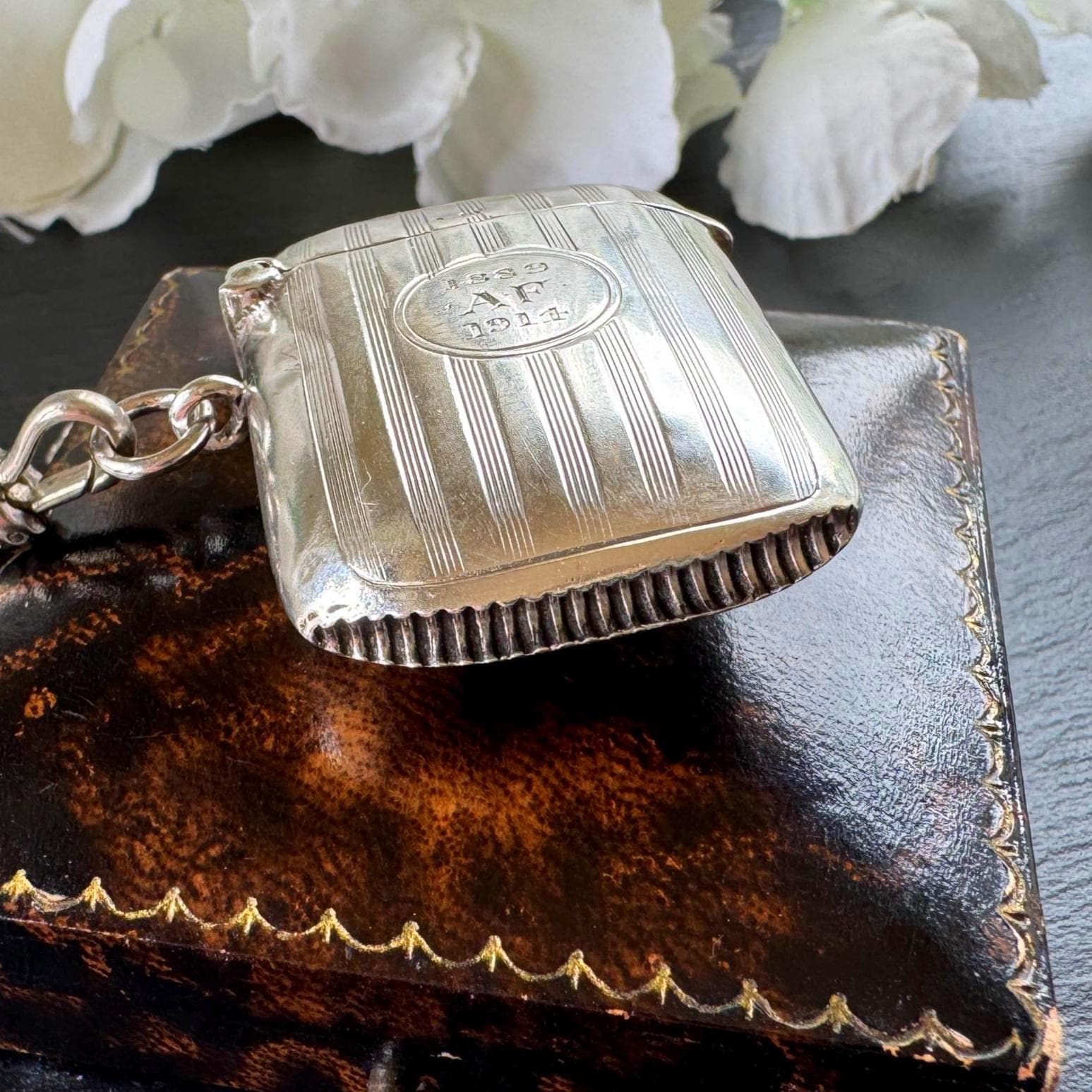 Antique Sterling Silver Vesta Case Pendant, 1912 Birmingham Haseler, Engraved 1889–1914 Memorial Match Safe Necklace