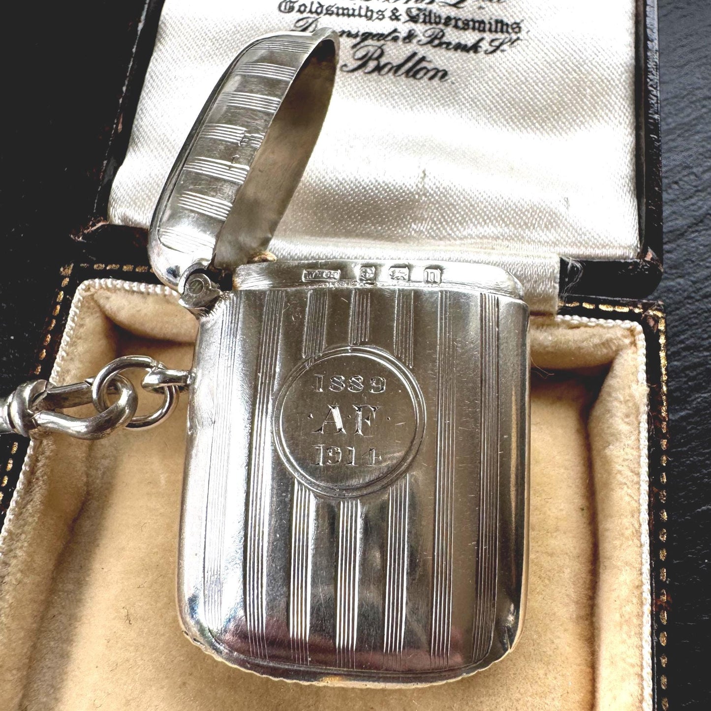 Antique Sterling Silver Vesta Case Pendant, 1912 Birmingham Haseler, Engraved 1889–1914 Memorial Match Safe Necklace