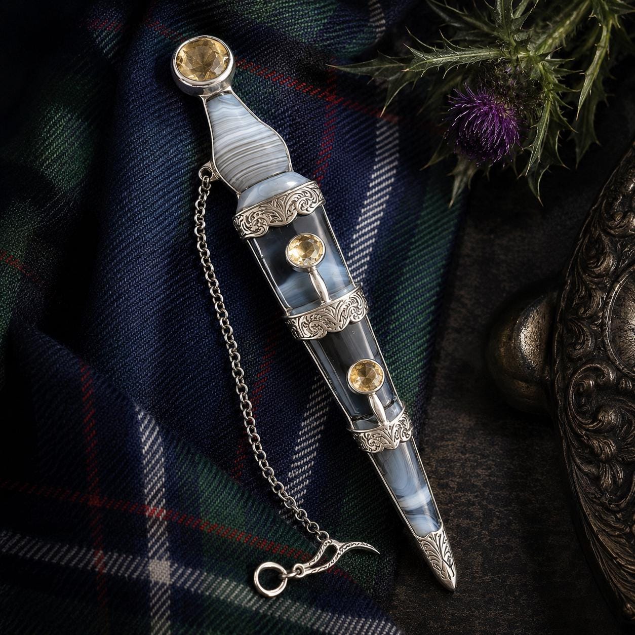 Huge Victorian Scottish Agate & Citrine Sterling Silver Sgian Dubh Kilt Pin