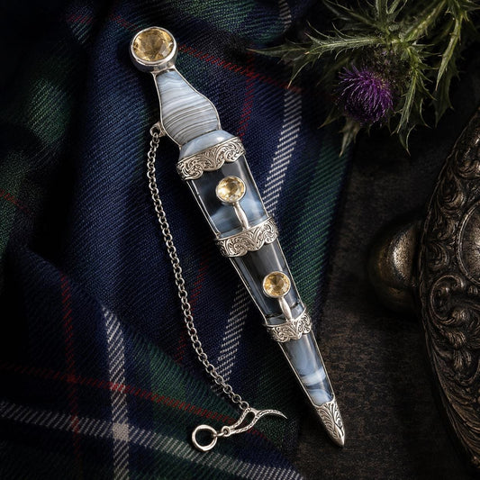 Huge Victorian Scottish Agate & Citrine Sterling Silver Sgian Dubh Kilt Pin