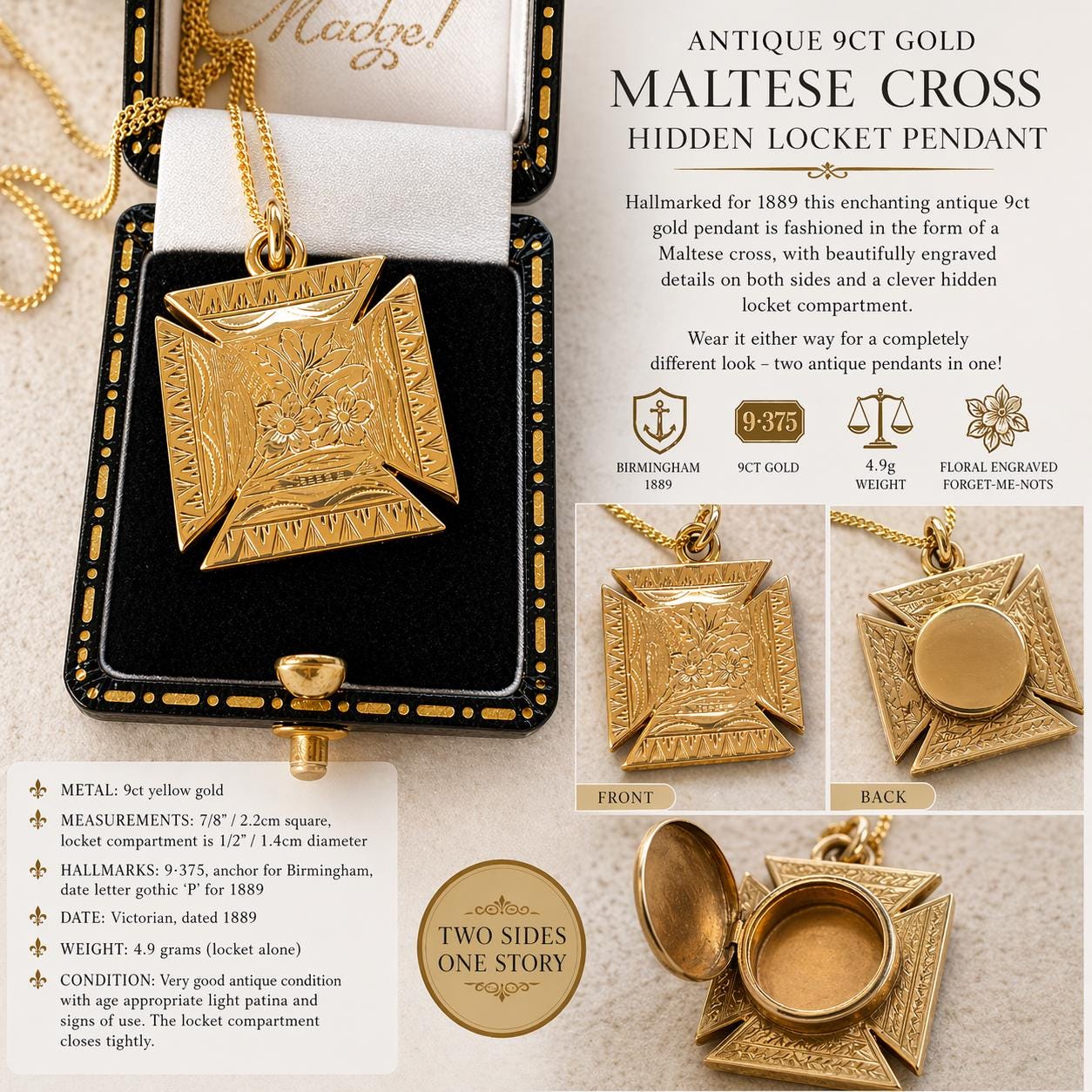 Victorian 9ct Gold Engraved Maltese Cross Hidden Locket Pendant
