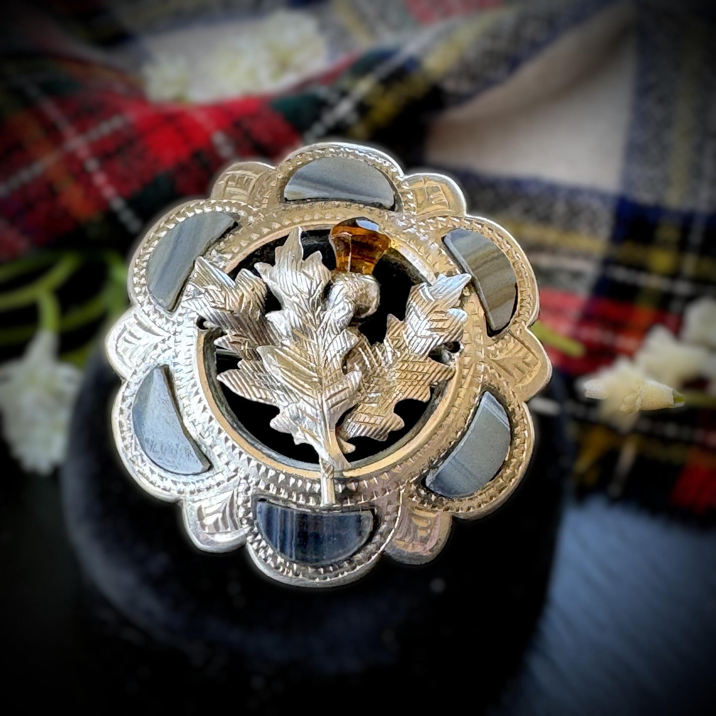 Antique Victorian Scottish Agate Citrine Thistle Brooch, Sterling Silver Pebble Jewellery c1900