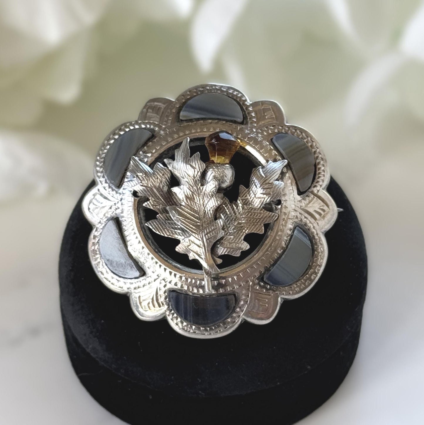 Antique Victorian Scottish Agate Citrine Thistle Brooch, Sterling Silver Pebble Jewellery c1900