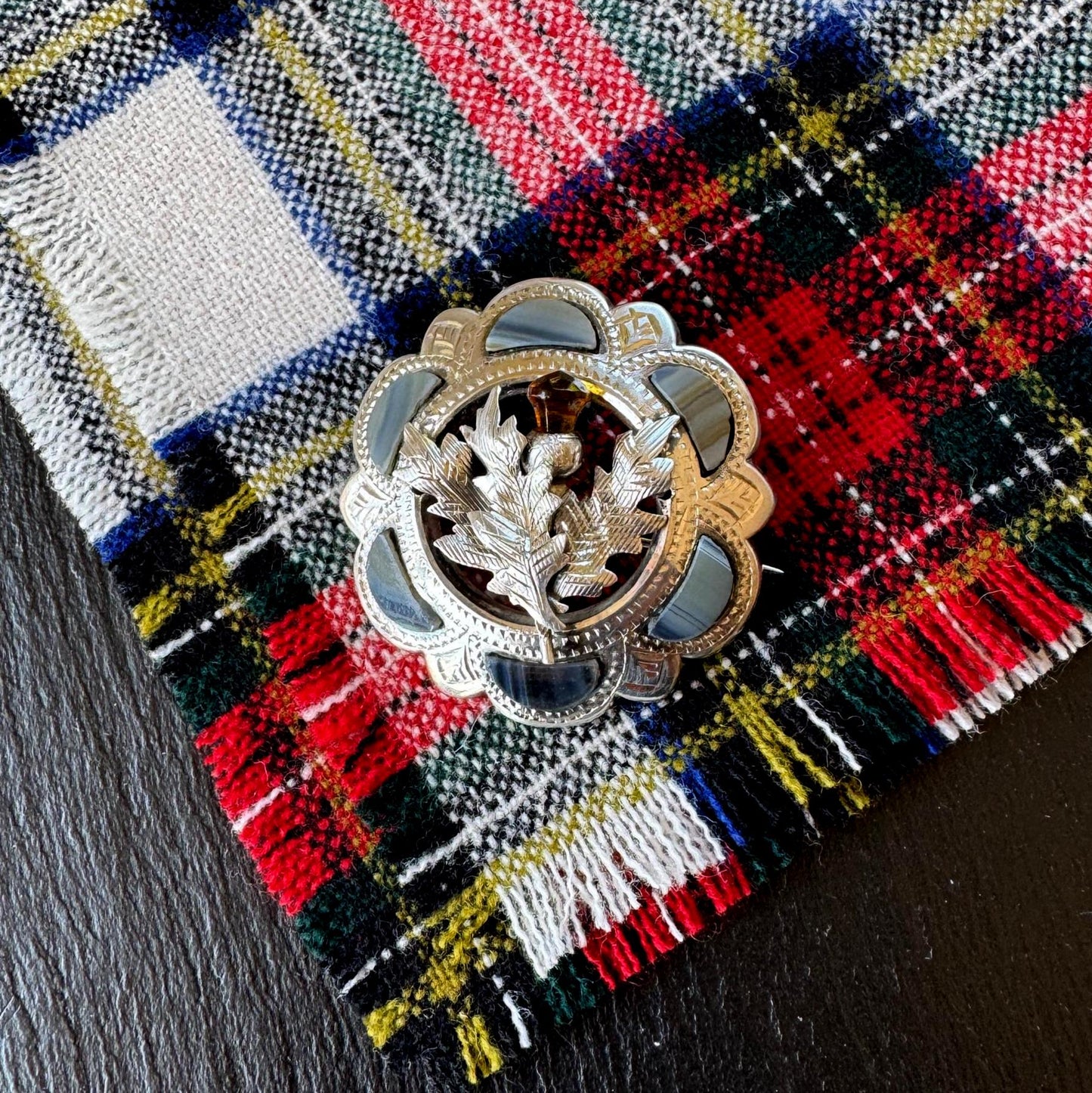 Antique Victorian Scottish Agate Citrine Thistle Brooch, Sterling Silver Pebble Jewellery c1900