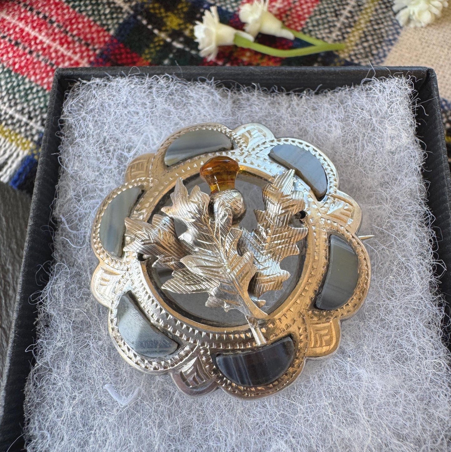 Antique Victorian Scottish Agate Citrine Thistle Brooch, Sterling Silver Pebble Jewellery c1900