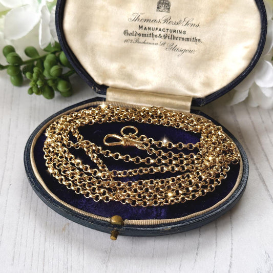 Antique Victorian 18ct Rolled Gold Guard Chain. 135cm Belcher Link Muff Chain/Sautoir Necklace