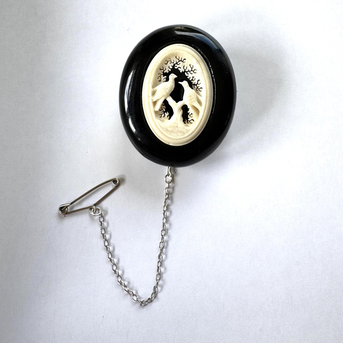 Antique Victorian Whitby Jet Brooch with Carved Lovebirds Panel c1860