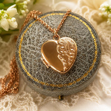 Load image into Gallery viewer, Antique Victorian Rolled Rose Gold Heart Locket &amp; Chain: 2-Sided Floral Engraved Pendant Necklace

