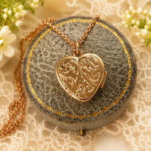Load image into Gallery viewer, Antique Victorian Rolled Rose Gold Heart Locket &amp; Chain: 2-Sided Floral Engraved Pendant Necklace
