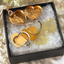 Load image into Gallery viewer, Antique Victorian Rolled Rose Gold Heart Locket &amp; Chain: 2-Sided Floral Engraved Pendant Necklace
