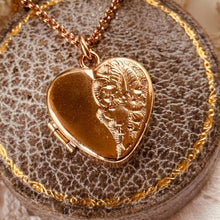 Load image into Gallery viewer, Antique Victorian Rolled Rose Gold Heart Locket &amp; Chain: 2-Sided Floral Engraved Pendant Necklace
