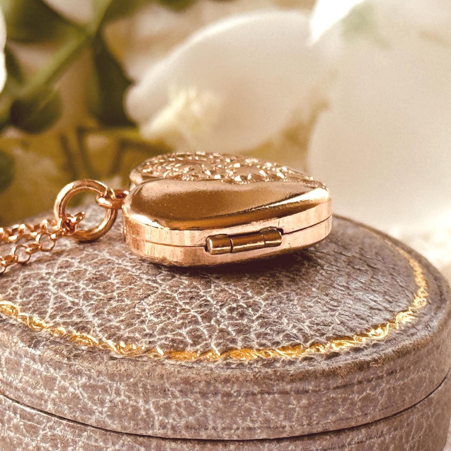 Antique Victorian Rolled Rose Gold Heart Locket & Chain: 2-Sided Floral Engraved Pendant Necklace