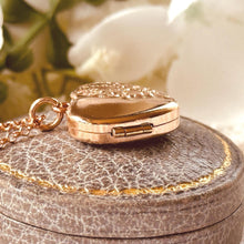 Load image into Gallery viewer, Antique Victorian Rolled Rose Gold Heart Locket &amp; Chain: 2-Sided Floral Engraved Pendant Necklace
