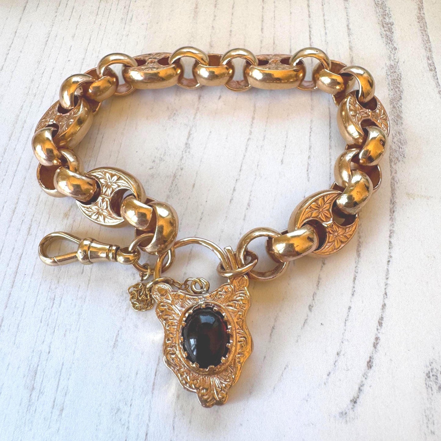 Antique Victorian Large 9ct Gold Almandine Garnet Shield Padlock Pendant/Bracelet Charm