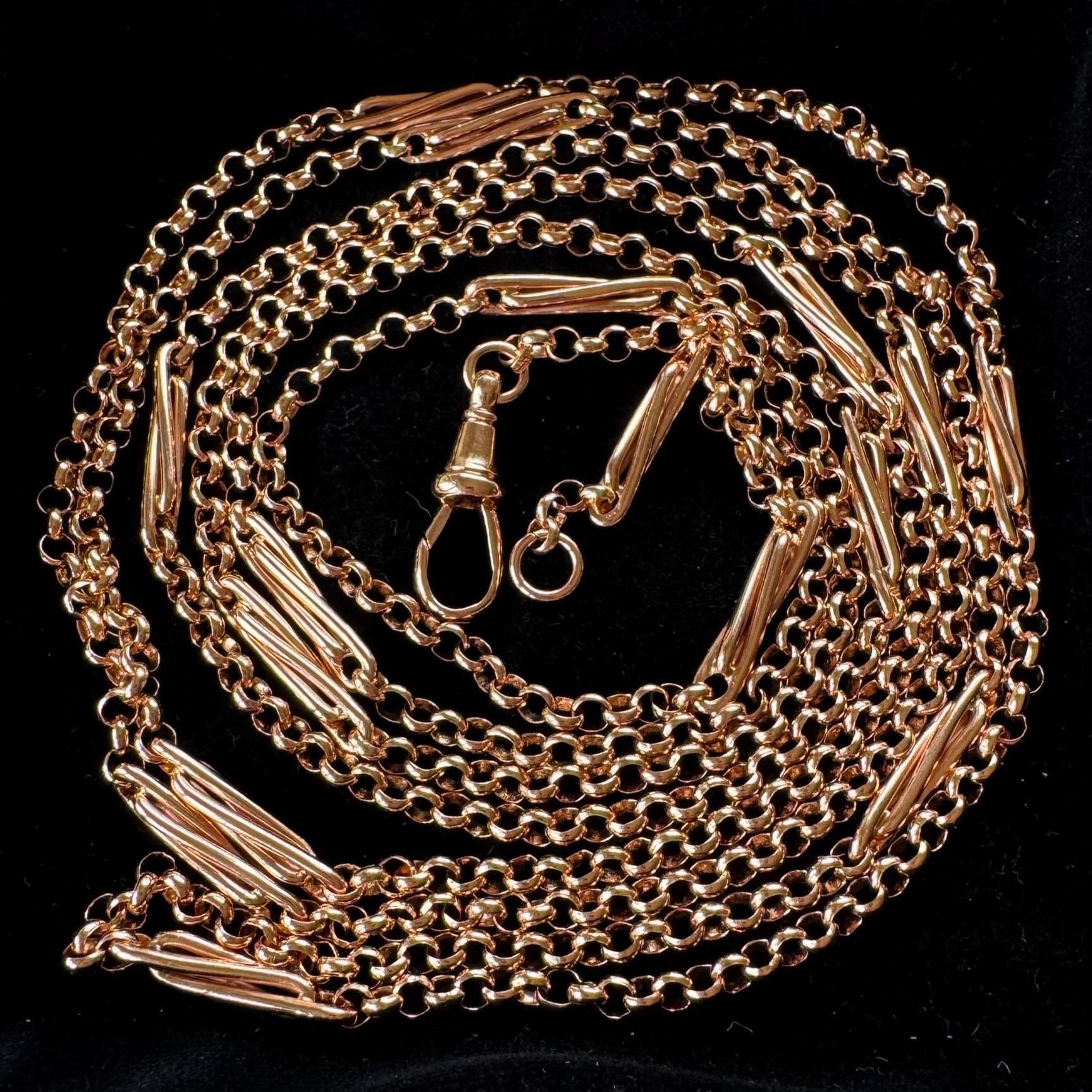 Antique Victorian Solid 9ct Rose Gold 60" Guard Chain Necklace, Fancy Trombone Link Belcher Muff Chain