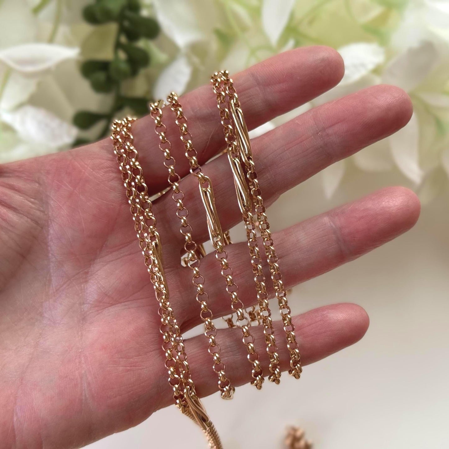 Antique Victorian Solid 9ct Rose Gold 60" Guard Chain Necklace, Fancy Trombone Link Belcher Muff Chain
