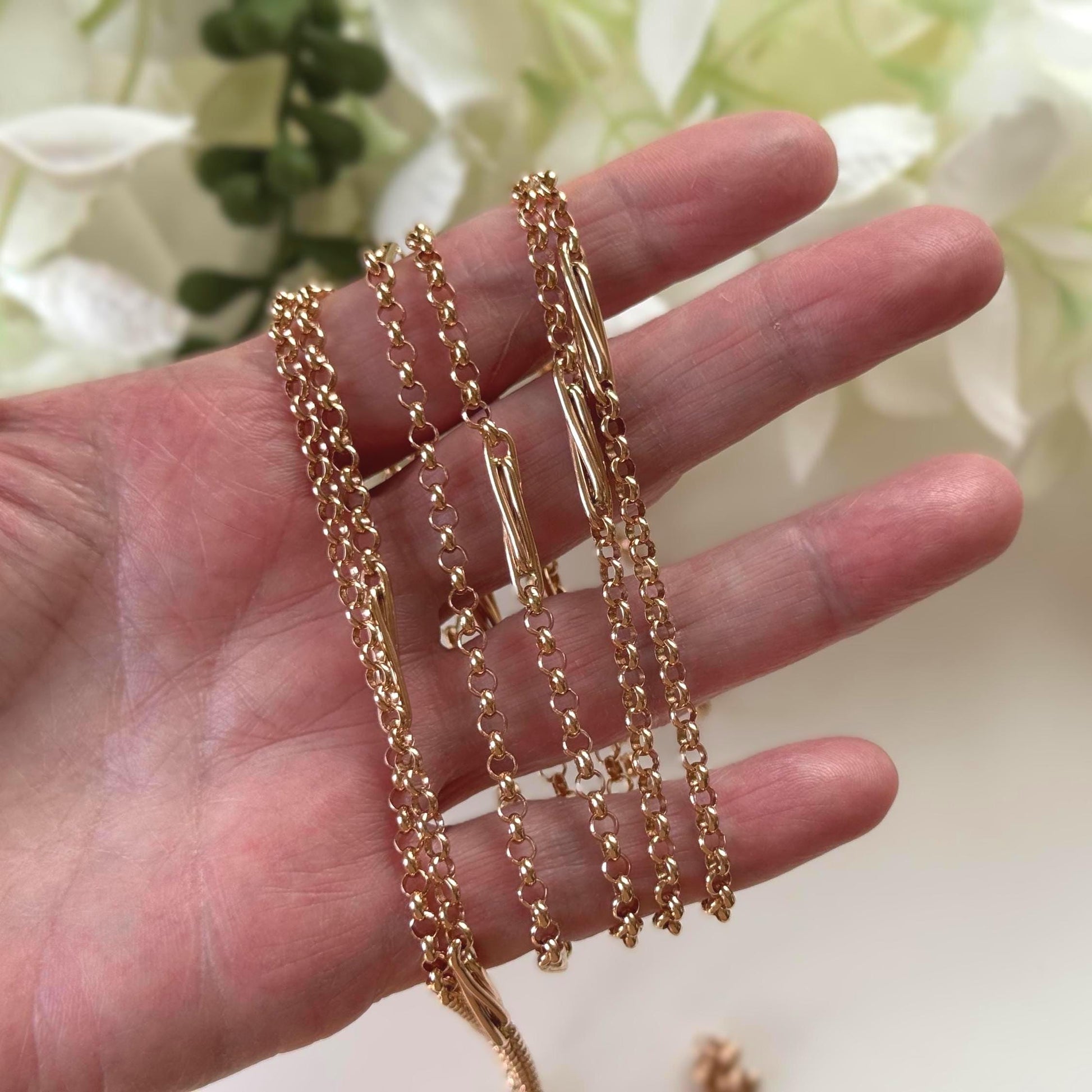 Antique Victorian Solid 9ct Rose Gold 60" Guard Chain Necklace, Fancy Trombone Link Belcher Muff Chain