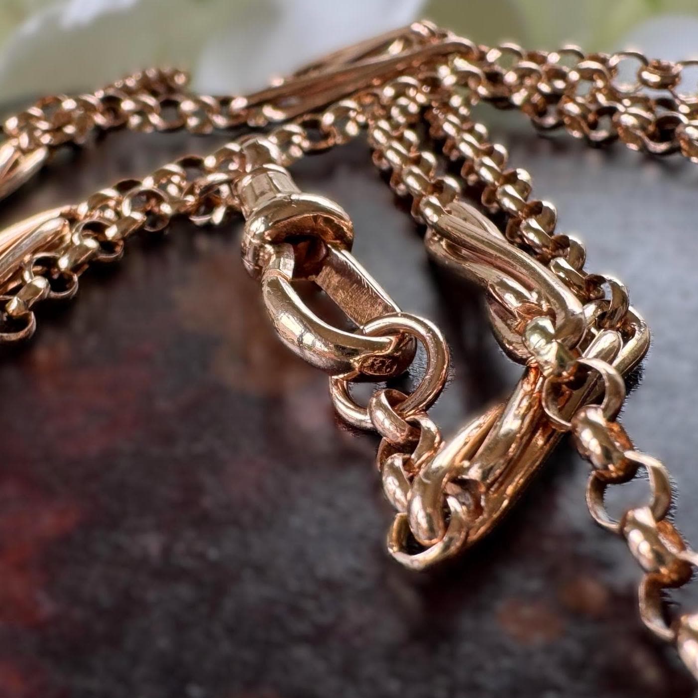 Antique Victorian Solid 9ct Rose Gold 60" Guard Chain Necklace, Fancy Trombone Link Belcher Muff Chain