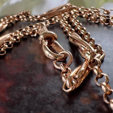 Load image into Gallery viewer, Antique Victorian Solid 9ct Rose Gold 60" Guard Chain Necklace, Fancy Trombone Link Belcher Muff Chain
