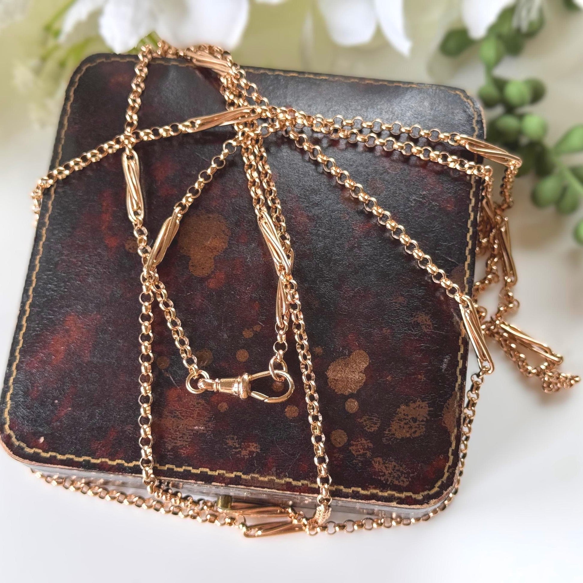 Antique Victorian Solid 9ct Rose Gold 60" Guard Chain Necklace, Fancy Trombone Link Belcher Muff Chain