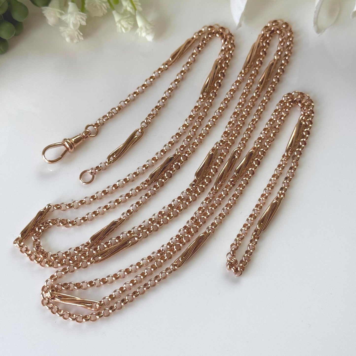Antique Victorian Solid 9ct Rose Gold 60" Guard Chain Necklace, Fancy Trombone Link Belcher Muff Chain