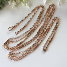 Load image into Gallery viewer, Antique Victorian Solid 9ct Rose Gold 60" Guard Chain Necklace, Fancy Trombone Link Belcher Muff Chain
