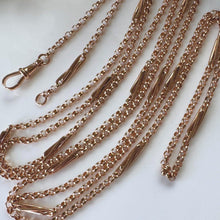 Load image into Gallery viewer, Antique Victorian Solid 9ct Rose Gold 60" Guard Chain Necklace, Fancy Trombone Link Belcher Muff Chain
