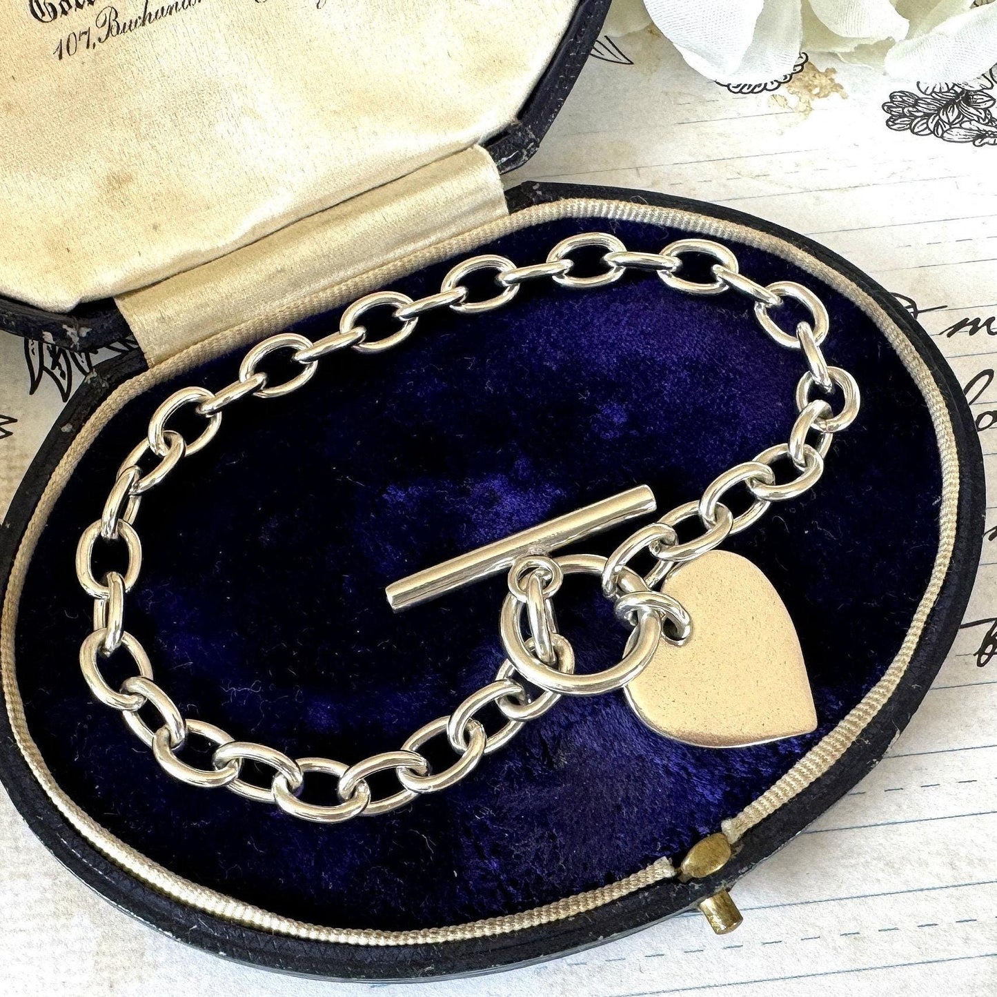 Vintage Sterling Silver Heart Charm Bracelet | English Hallmarked Sweetheart Toggle Bracelet