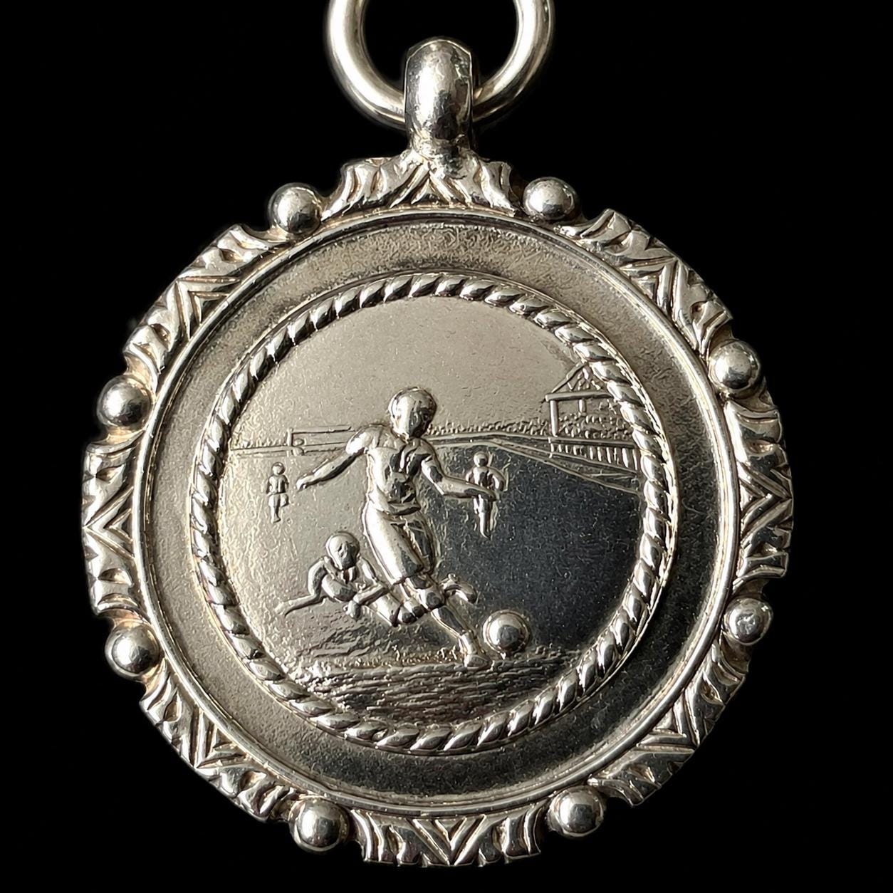 Antique English Sterling Silver Football Pendant Fob by William Hair Haseler, 1920s Art Deco