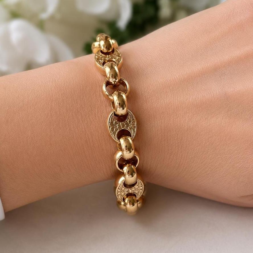 Antique Victorian Heavy 9ct Rose Gold Belcher Bracelet with Floral Engraved Anchor Links