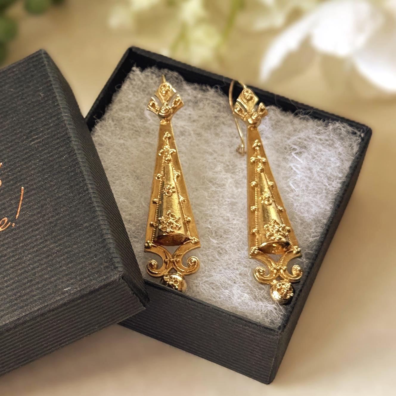 Antique Victorian 9ct Gold Archaeological Revival Earrings, Etruscan Statement Drops c1880
