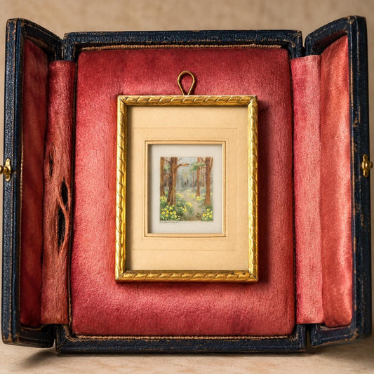 Antique French Gilt Minature Landscape Painting In Original Moseley Ware Fitted Cabinet Case