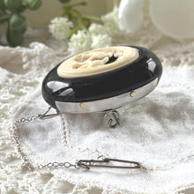 Charger l'image dans la galerie, Antique Victorian Whitby Jet Brooch with Carved Lovebirds Panel c1860
