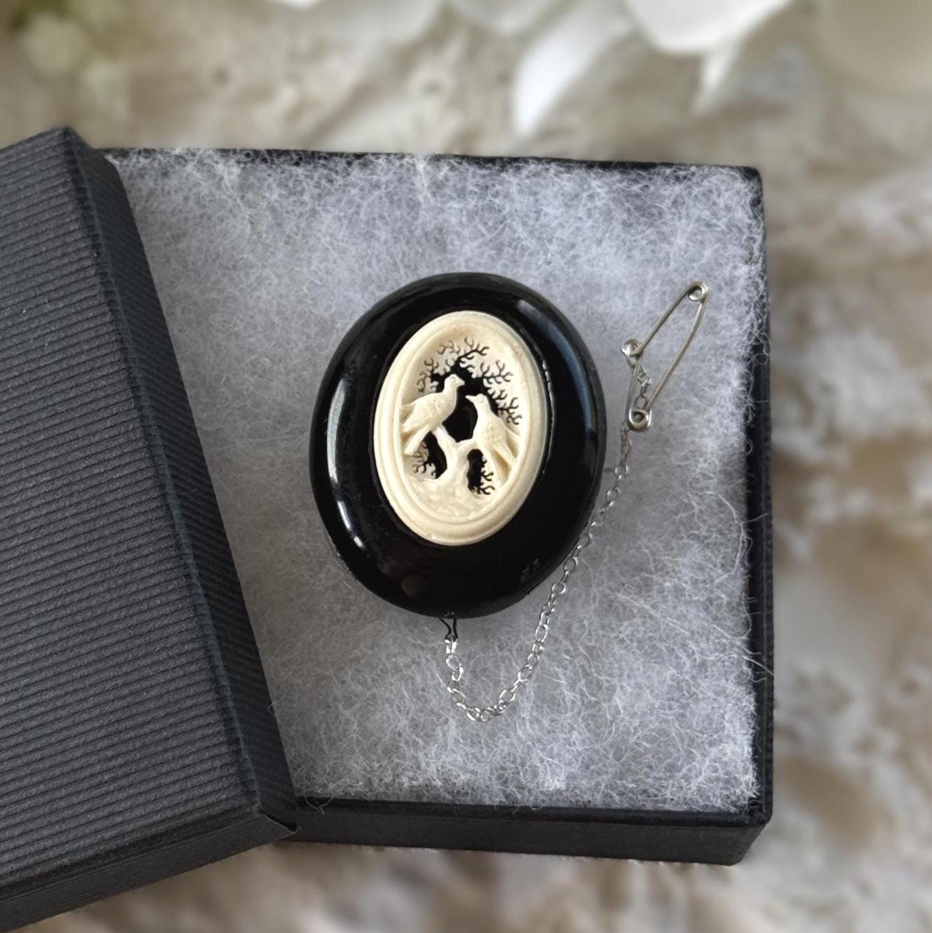 Antique Victorian Whitby Jet Brooch with Carved Lovebirds Panel c1860