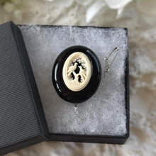 Charger l'image dans la galerie, Antique Victorian Whitby Jet Brooch with Carved Lovebirds Panel c1860
