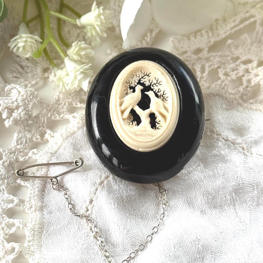 Antique Victorian Whitby Jet Brooch with Carved Lovebirds Panel c1860